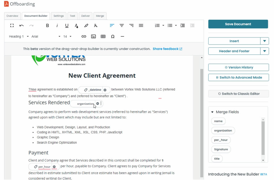 webmerge creating template document
